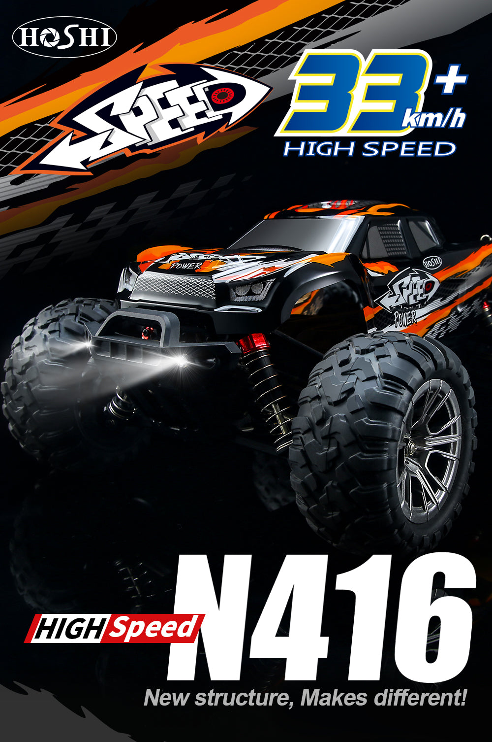 NEWEST HOSHI N416 1/16 High Speed Truck 4WD 36KM/H Supersonic Monster Truck Off-Road Vehicle Orange Color 2XBATTERY Version