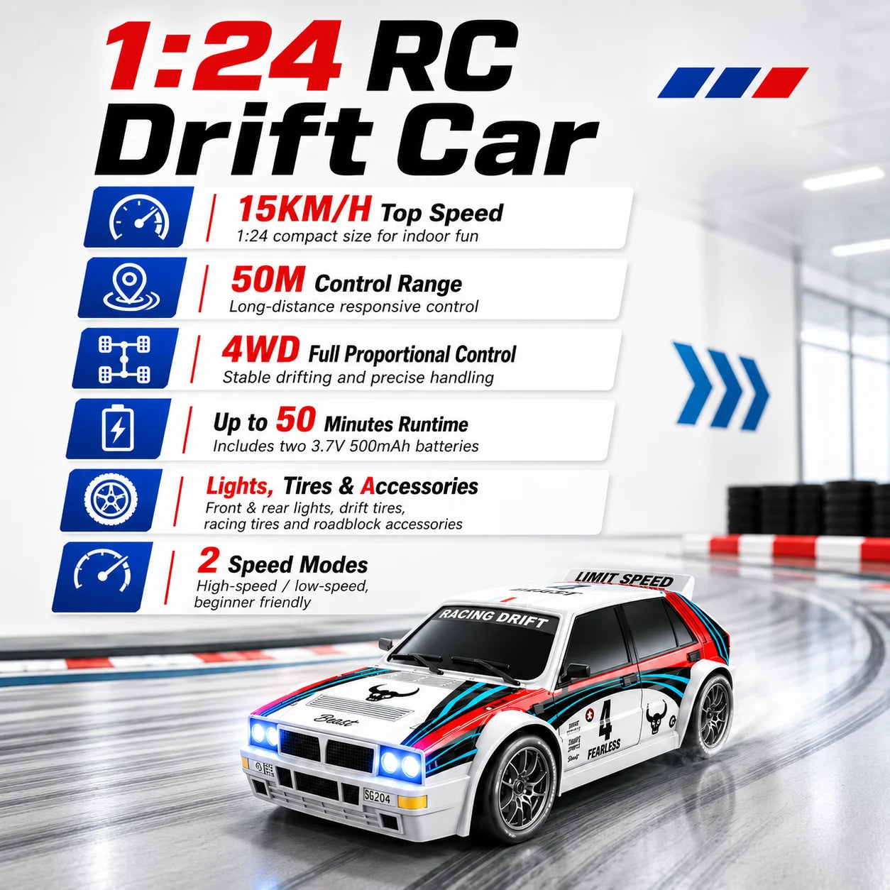1:24 4WD RC Drift Car – 20 km/h High-Speed Remote Control Racing Car with LED Lights