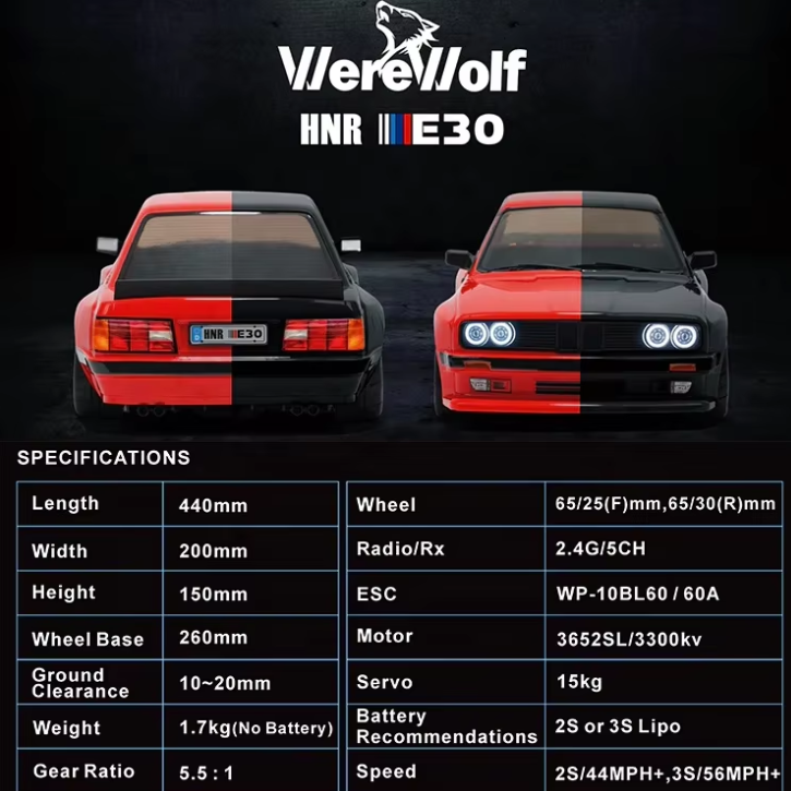 HNR Werewolf H9803 High Speed RC Drift Car 4WD Brushless 1:10 Scale 60A ESC 2S 3S Battery 85KM+ LED Lights Gyro Drifting Tires
