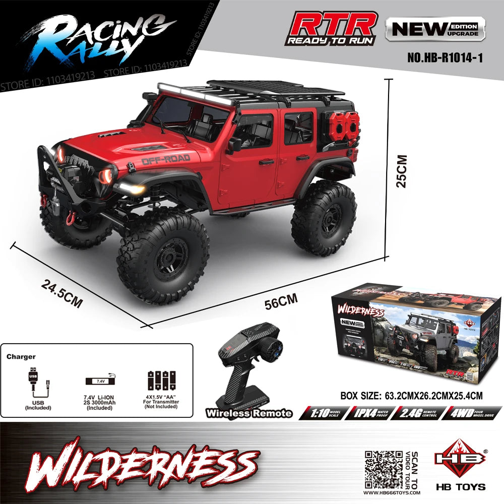 New Upgrade HB-R1011 Jeep Rubicon Recon Rc Car 1:10 Full Scale Model Climbing Car High Speed Off-Road Vehicle Brushless Version