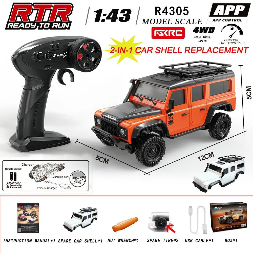 In Stock HuangBo 1:43 4WD RC Rock Crawler Car for Kids, Full Proportional Off-Road, Dual Shells, Shock Absorber Model