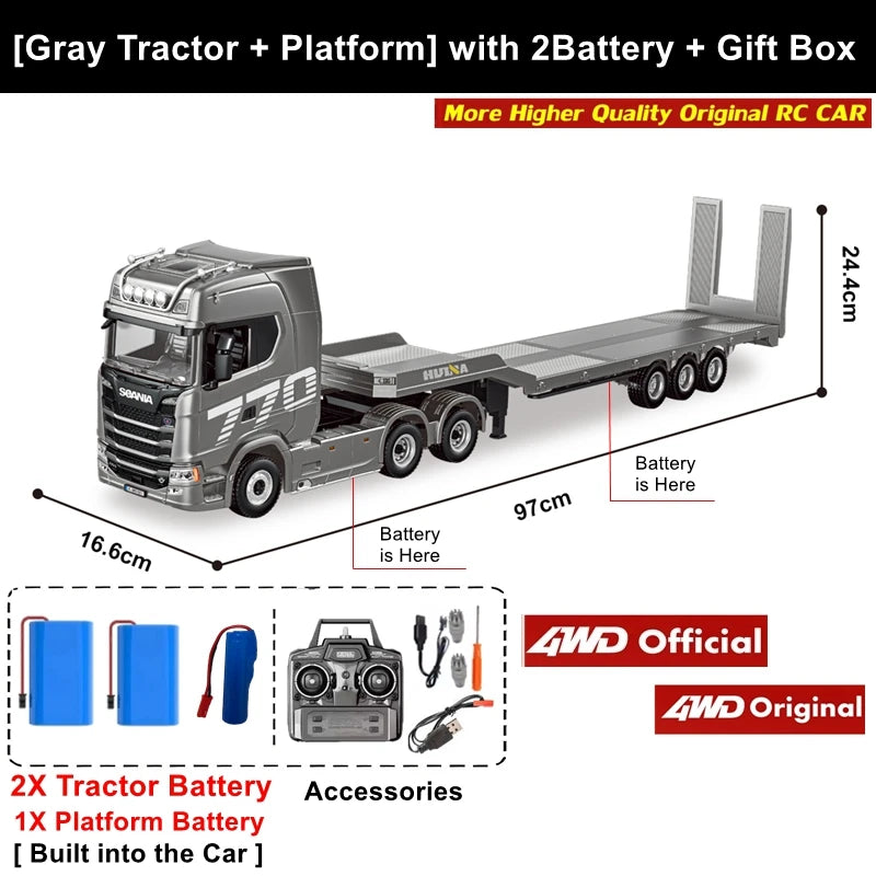 RC Semi Trailer Truck 1:18 with Sound and Lights Remote Control Flatbed Tractor Engineering Car 770S Model Toy HUINA 1501