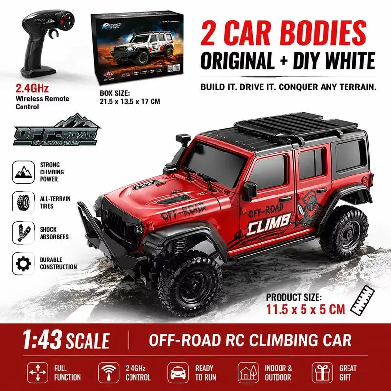 In Stock HuangBo 1:43 4WD RC Rock Crawler Car for Kids, Full Proportional Off-Road, Dual Shells, Shock Absorber Model