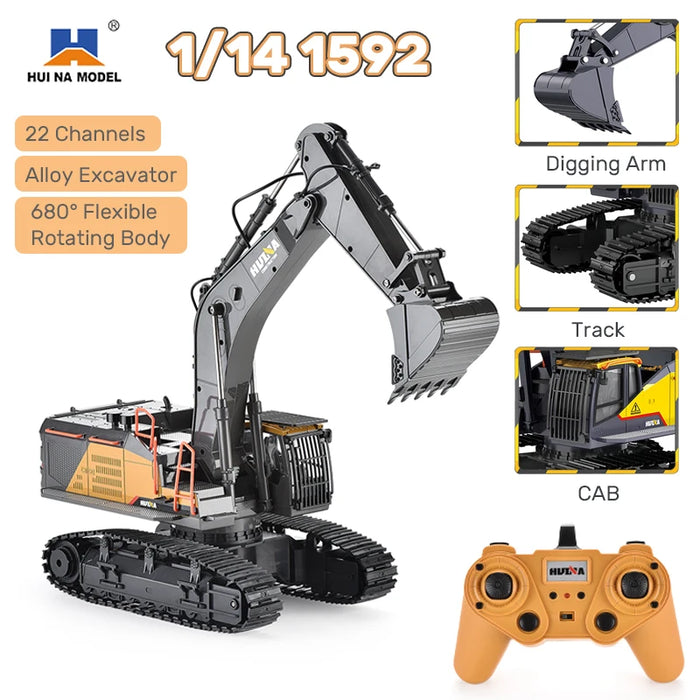 HUINA 1592 1:14 Scale RC Excavator 22 Channels 2.4G Semi-Alloy Remote Control Engineering Crawler Tractor Children's Gift