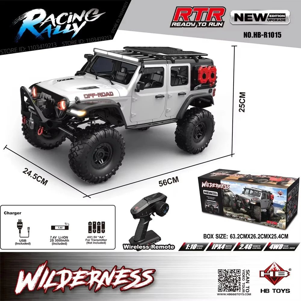 New Upgrade HB-R1011 Jeep Rubicon Recon Rc Car 1:10 Full Scale Model Climbing Car High Speed Off-Road Vehicle Brushless Version