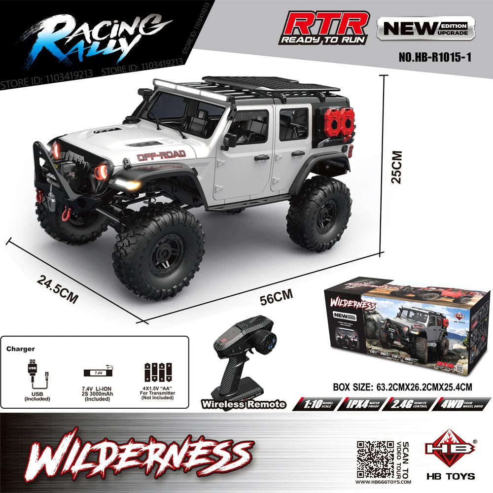 New Upgrade HB-R1011 Jeep Rubicon Recon Rc Car 1:10 Full Scale Model Climbing Car High Speed Off-Road Vehicle Brushless Version
