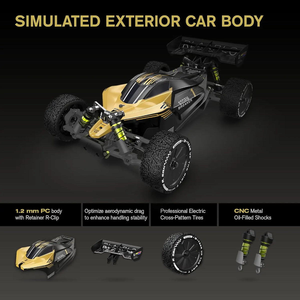 1/10 Scale 4WD Brushless RC Buggy, 50+ MPH, Carbon Fiber & Alloy Chassis, 3650-2650KV Motor, 3S LiPo, Waterproof, 20kg Servo, 6CH Radio, Sealed Diffs, All-terrain for Ages 14+