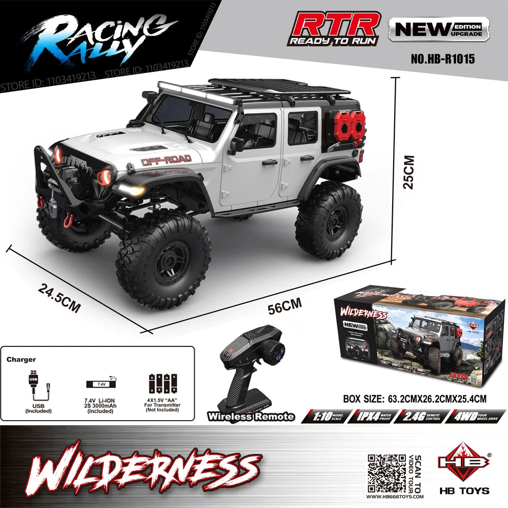 New Upgrade HB-R1011 Jeep Rubicon Recon Rc Car 1:10 Full Scale Model Climbing Car High Speed Off-Road Vehicle Brushless Version