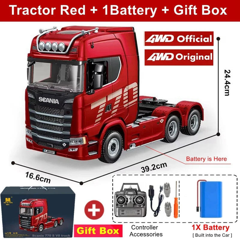 RC Semi Trailer Truck 1:18 with Sound and Lights Remote Control Flatbed Tractor Engineering Car 770S Model Toy HUINA 1501