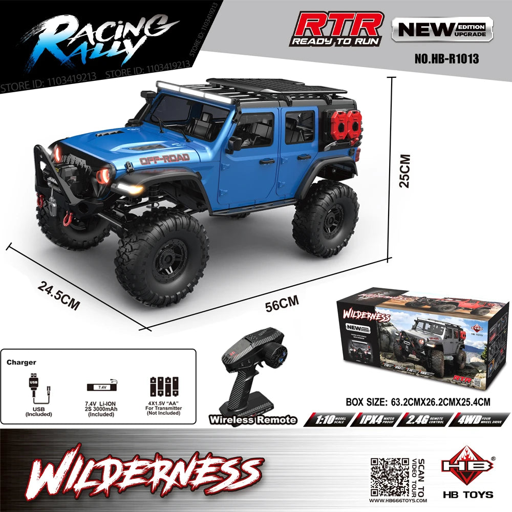 New Upgrade HB-R1011 Jeep Rubicon Recon Rc Car 1:10 Full Scale Model Climbing Car High Speed Off-Road Vehicle Brushless Version