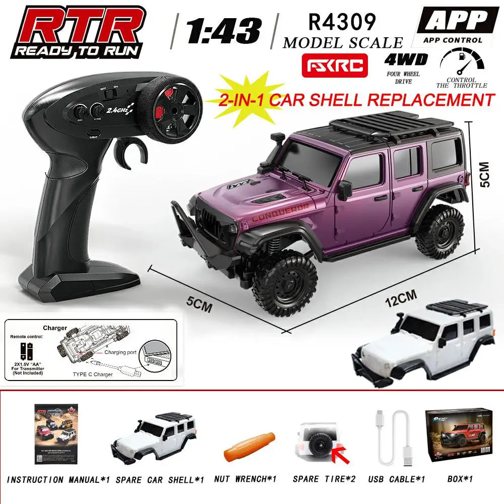 In Stock HuangBo 1:43 4WD RC Rock Crawler Car for Kids, Full Proportional Off-Road, Dual Shells, Shock Absorber Model