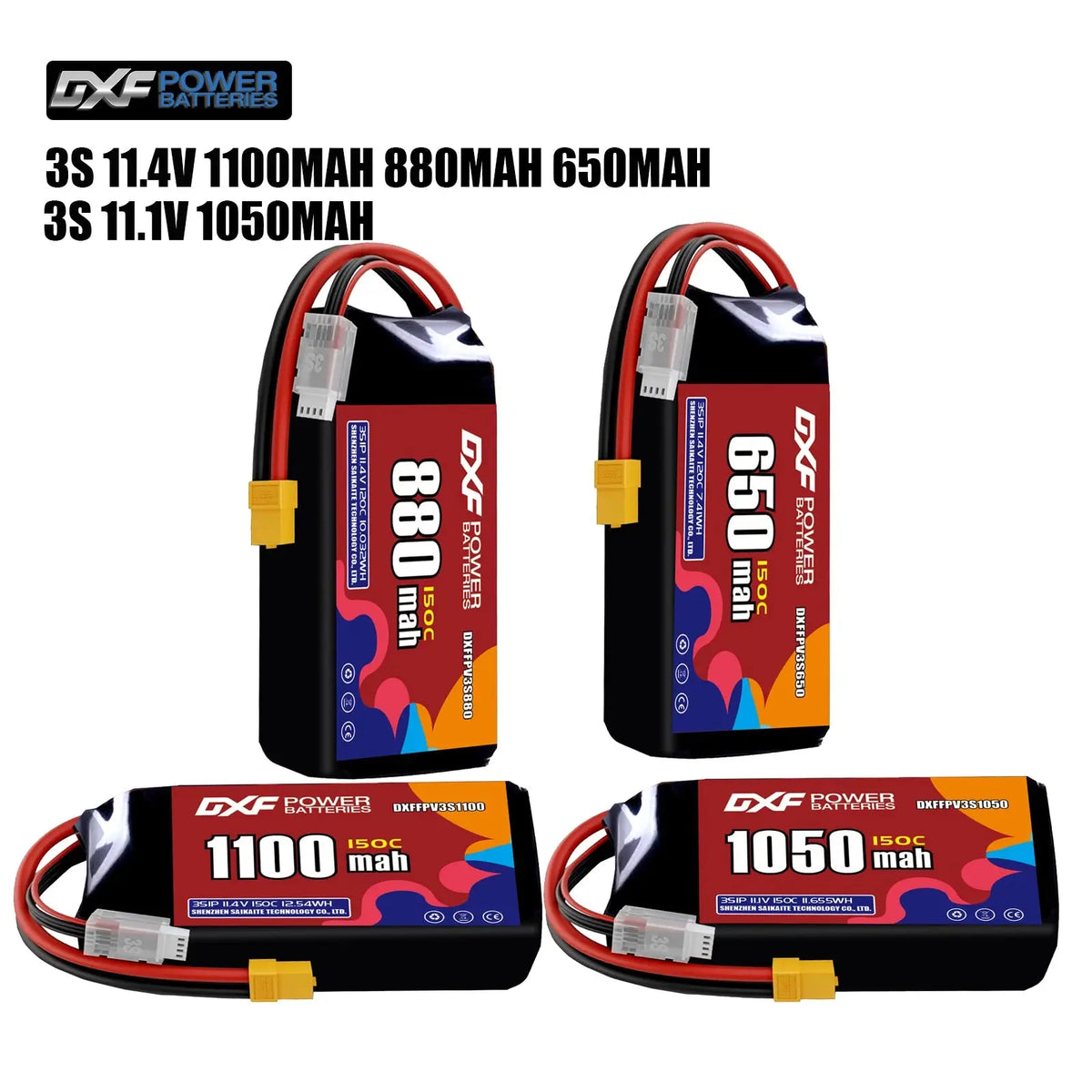 DXF 3S LiPo Battery 11.1V 150C - 650 to 1100mAh, XT30 / XT60 / JST Random Recon