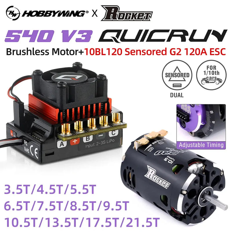 Hobbywing QUICRUN 10BL120 120A ESC W/Rocket 540 V3 4.5T Motor Sensored Brushless Combo for Competition 1/10 1/12 F1 RC Car Random Recon