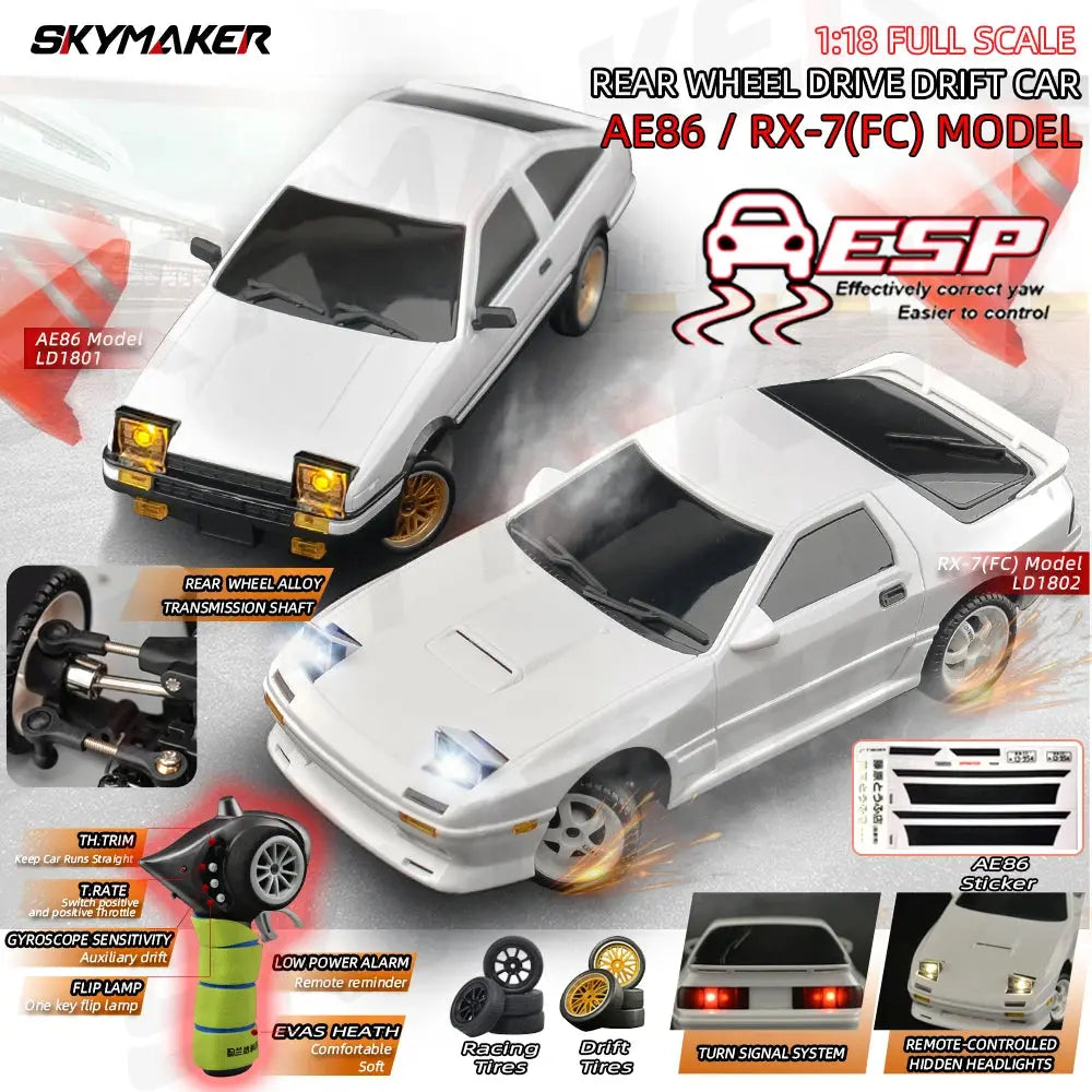 Skymaker 1/18 RC Drift Car LD1801 AE86 / LD1802 RX-7 FC - 2.4G with Gyro and LED Random Recon