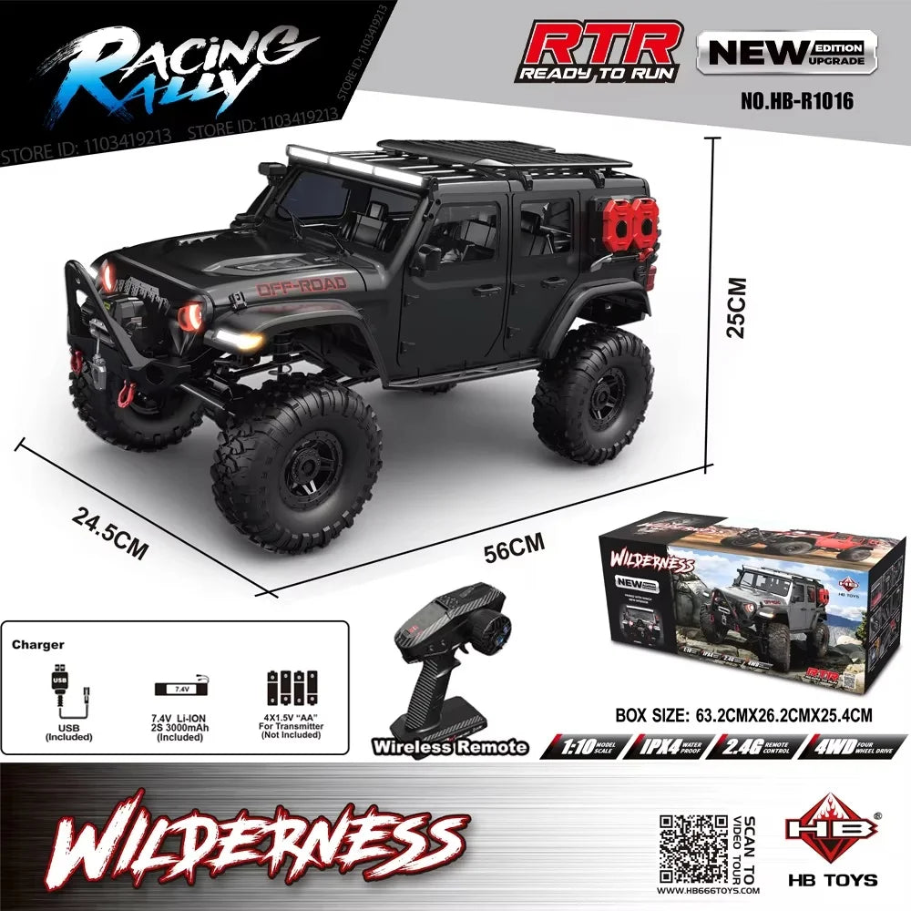 New Upgrade HB-R1011 Jeep Rubicon Recon Rc Car 1:10 Full Scale Model Climbing Car High Speed Off-Road Vehicle Brushless Version
