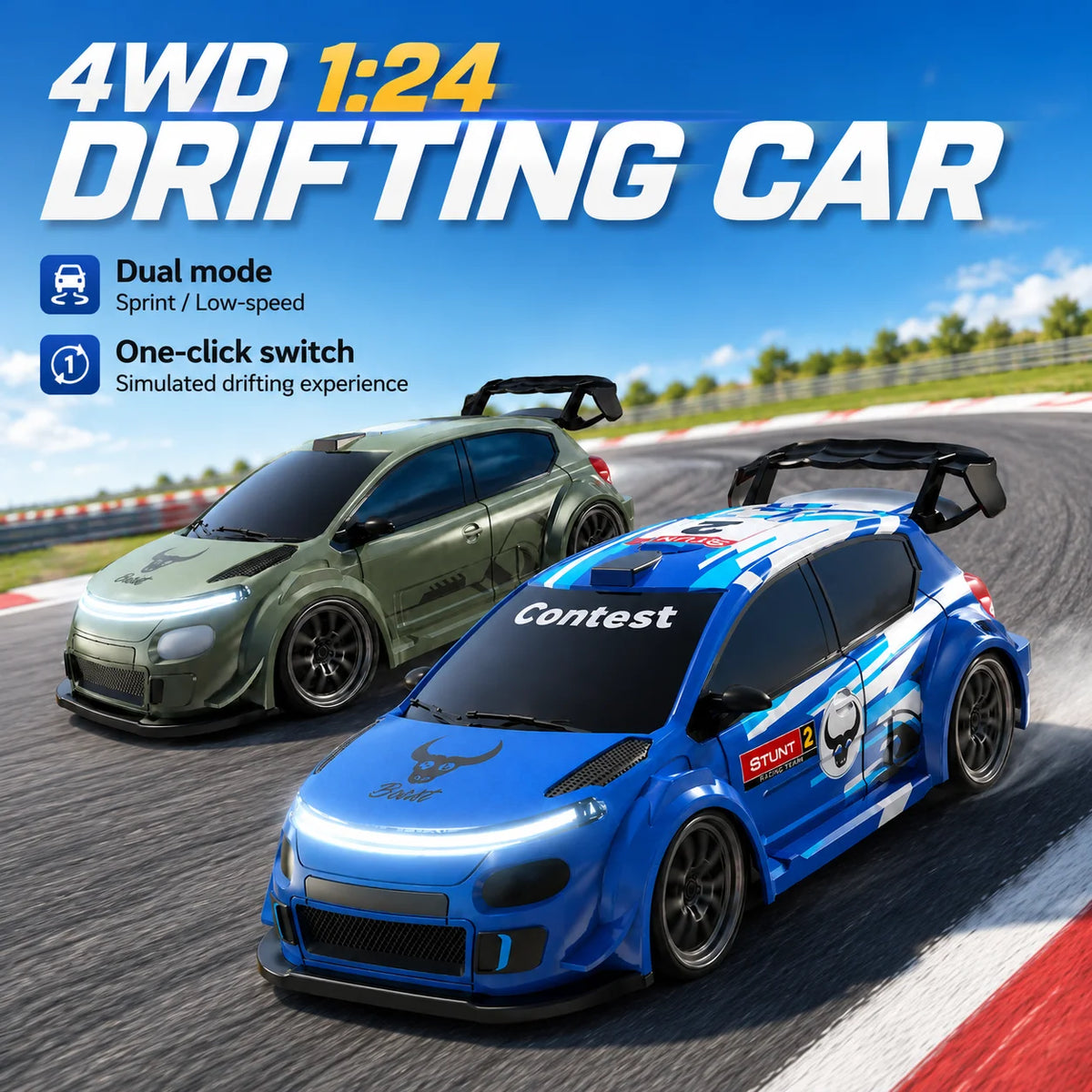 4WD High Speed RC Car 2.4G Remote Drifting Car 1:24 Scale Dual Mode One Click Switch LED Headlight Taillight Long Battery Life Racing Toy Car