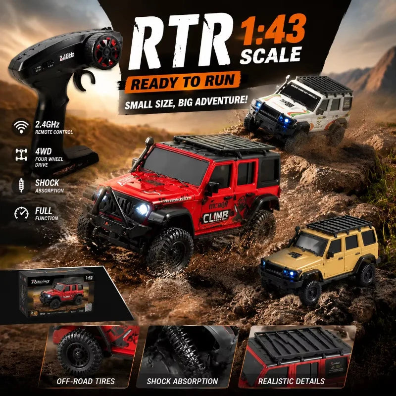 In Stock HuangBo 1:43 4WD RC Rock Crawler Car for Kids, Full Proportional Off-Road, Dual Shells, Shock Absorber Model