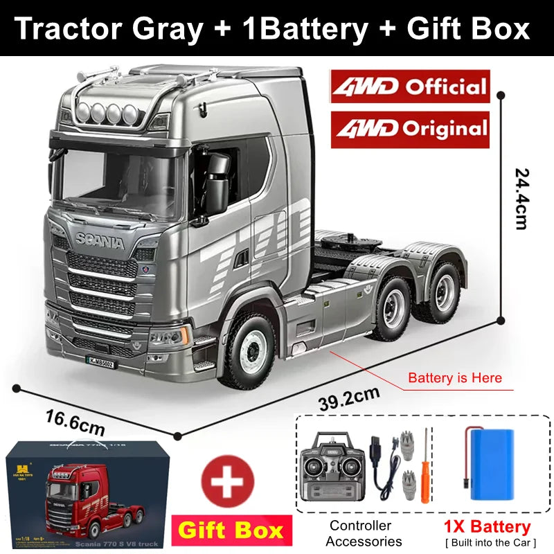 RC Semi Trailer Truck 1:18 with Sound and Lights Remote Control Flatbed Tractor Engineering Car 770S Model Toy HUINA 1501
