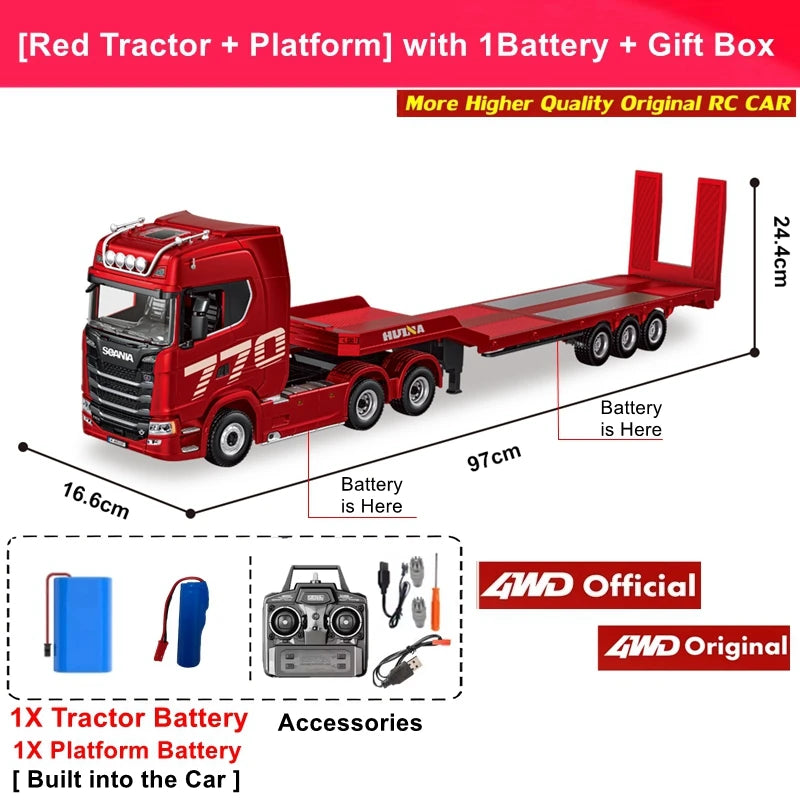 RC Semi Trailer Truck 1:18 with Sound and Lights Remote Control Flatbed Tractor Engineering Car 770S Model Toy HUINA 1501