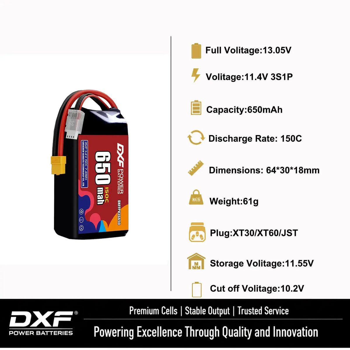 DXF 3S LiPo Battery 11.1V 150C - 650 to 1100mAh, XT30 / XT60 / JST Random Recon