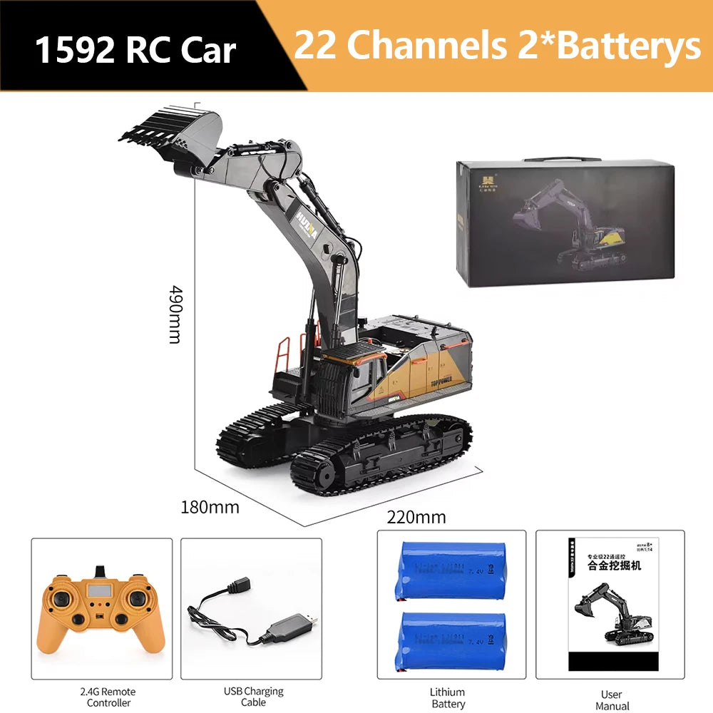HUINA 1592 1:14 Scale RC Excavator 22 Channels 2.4G Semi-Alloy Remote Control Engineering Crawler Tractor Children's Gift