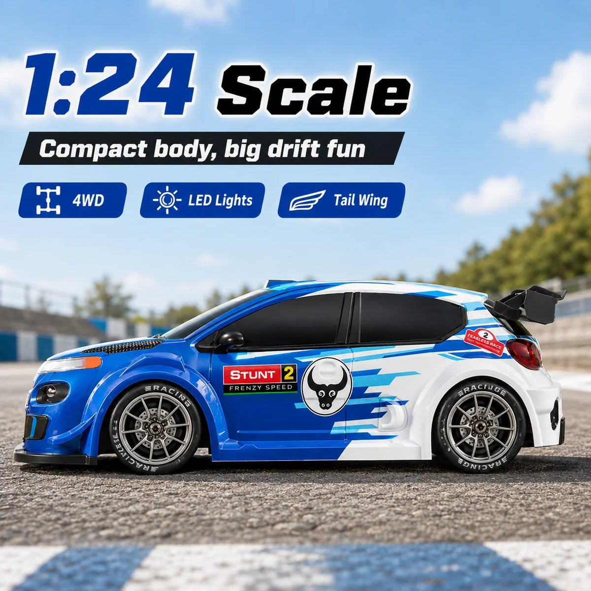 4WD High Speed RC Car 2.4G Remote Drifting Car 1:24 Scale Dual Mode One Click Switch LED Headlight Taillight Long Battery Life Racing Toy Car