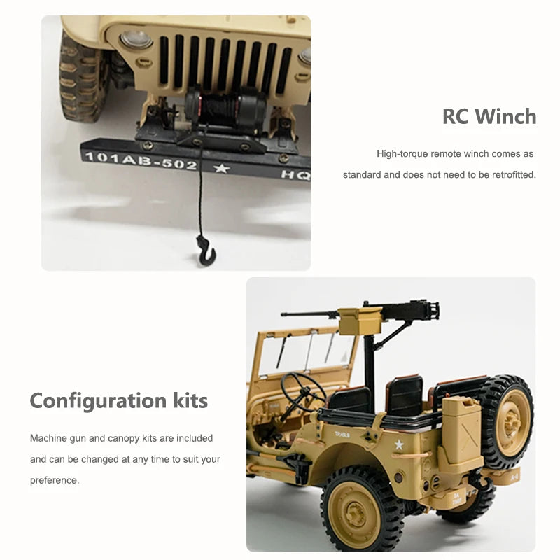 1/14 RC Car Willys Military Vehicle with Rc Winch 2.4G 4WD Off-Road Electric Remote Control Model Simulation Crawler Toys HG4-58