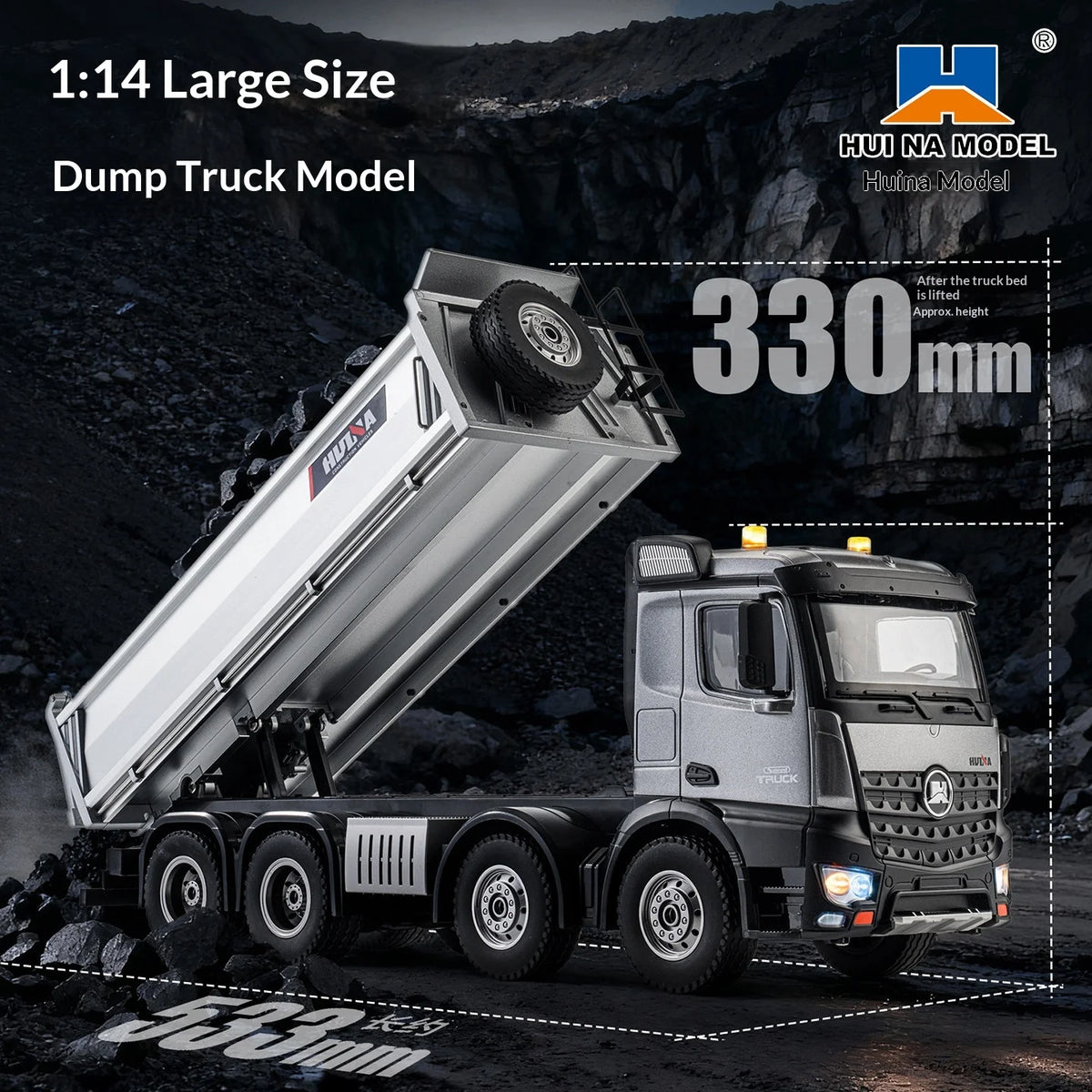 Huina 536PRO Oversized Alloy RC Dump Truck Full Scale 8‑Wheel Heavy‑Duty Engineering Dumper Vehicle Hobby Toy for Boys Kids