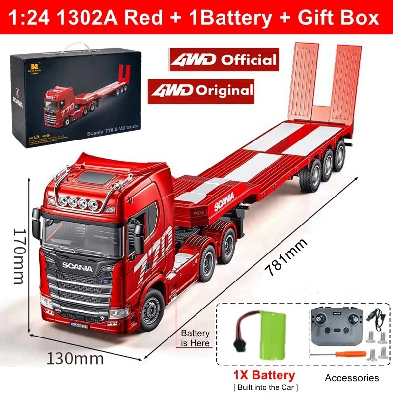 RC Semi Trailer Truck 1:18 with Sound and Lights Remote Control Flatbed Tractor Engineering Car 770S Model Toy HUINA 1501