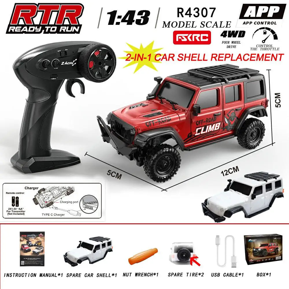 In Stock HuangBo 1:43 4WD RC Rock Crawler Car for Kids, Full Proportional Off-Road, Dual Shells, Shock Absorber Model