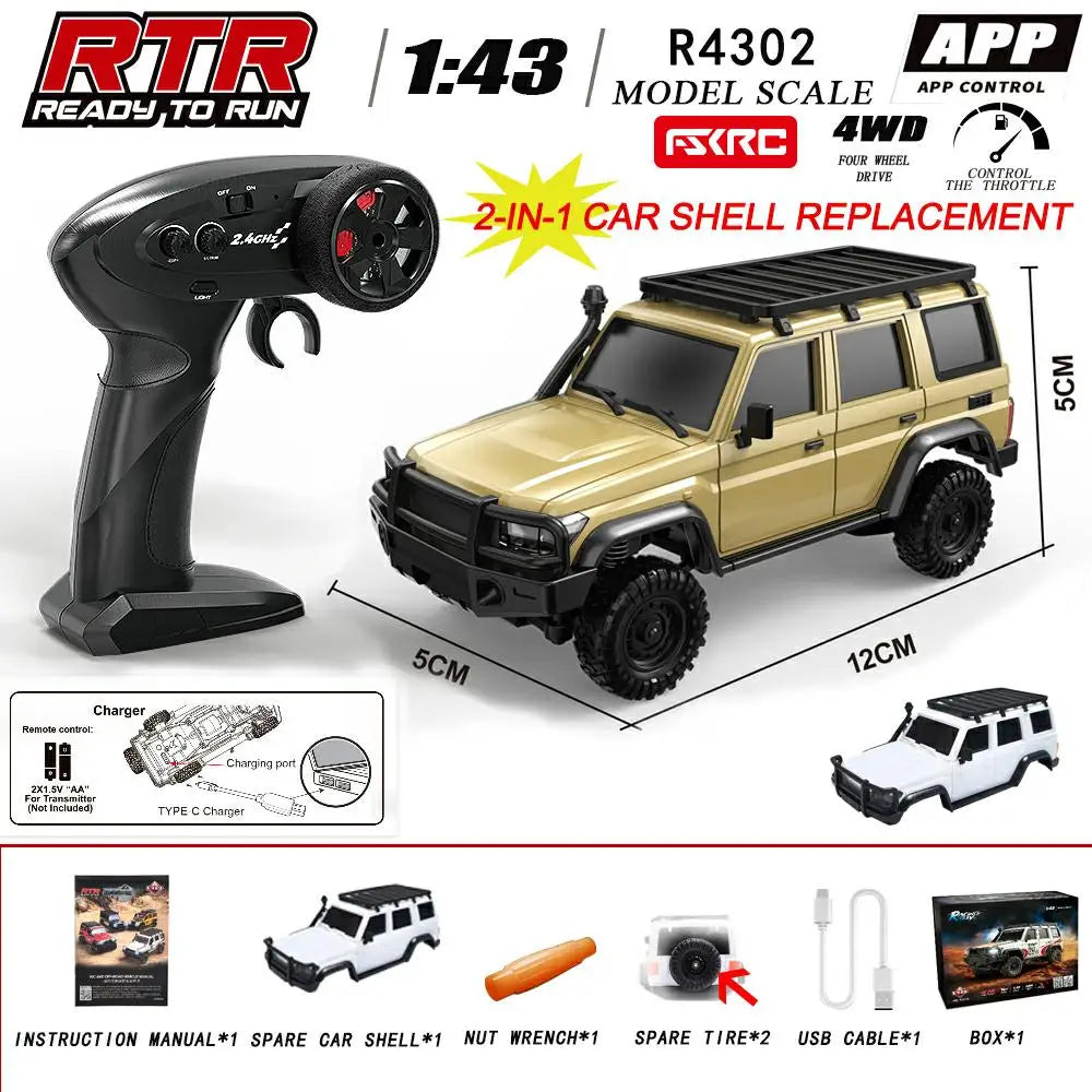 In Stock HuangBo 1:43 4WD RC Rock Crawler Car for Kids, Full Proportional Off-Road, Dual Shells, Shock Absorber Model