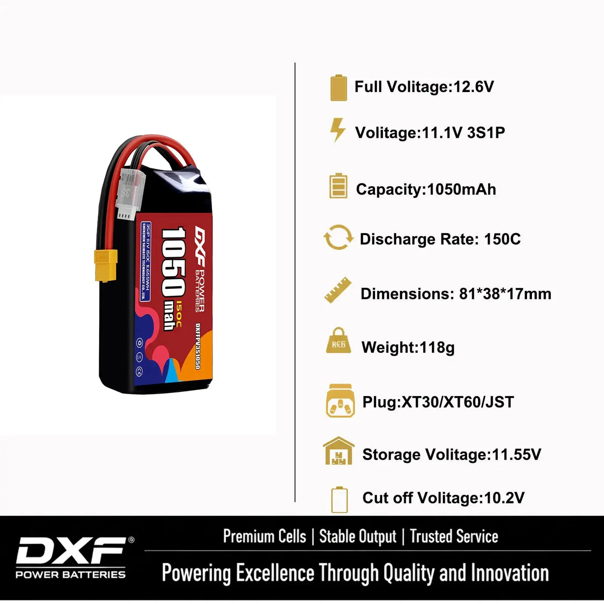 DXF 3S LiPo Battery 11.1V 150C - 650 to 1100mAh, XT30 / XT60 / JST Random Recon