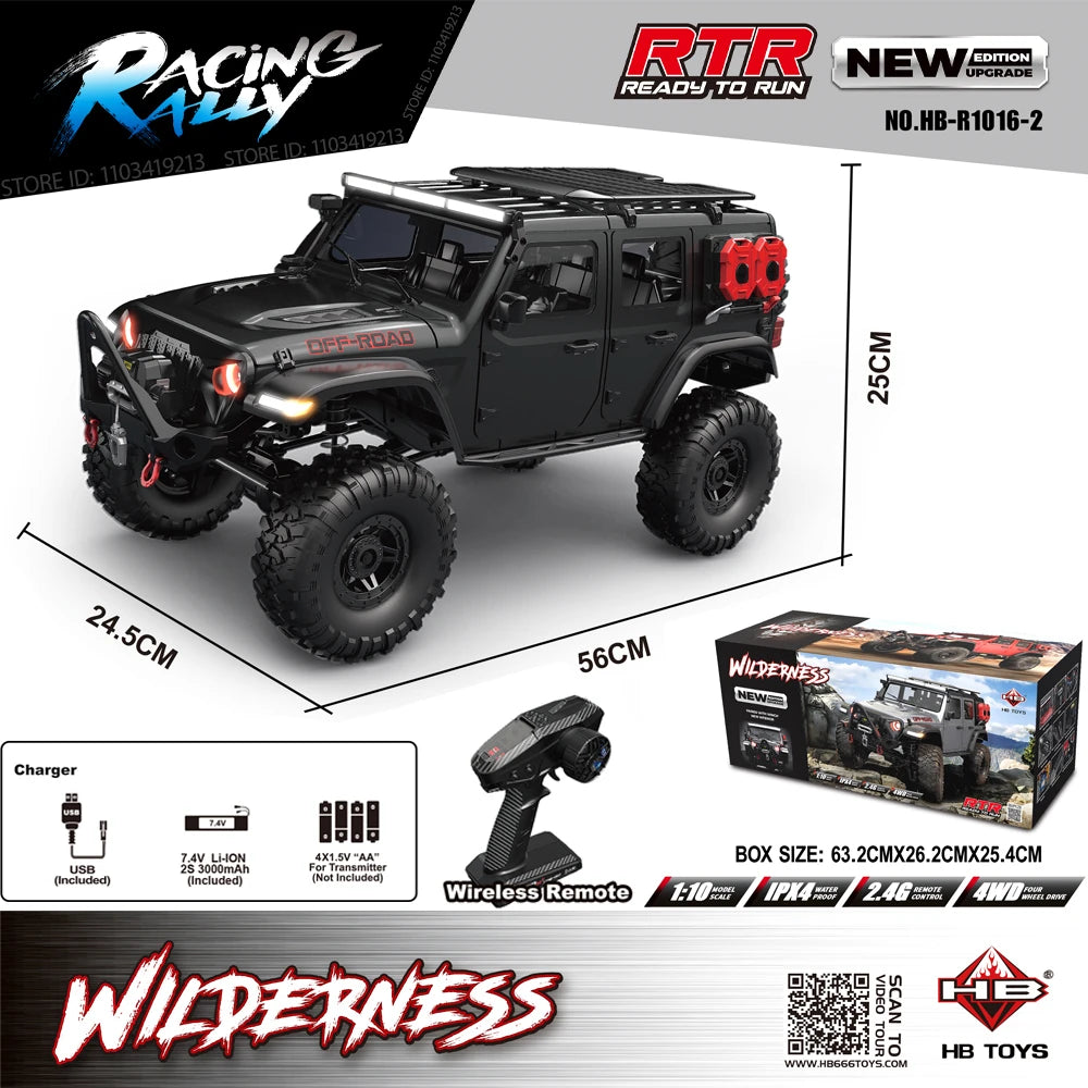 New Upgrade HB-R1011 Jeep Rubicon Recon Rc Car 1:10 Full Scale Model Climbing Car High Speed Off-Road Vehicle Brushless Version