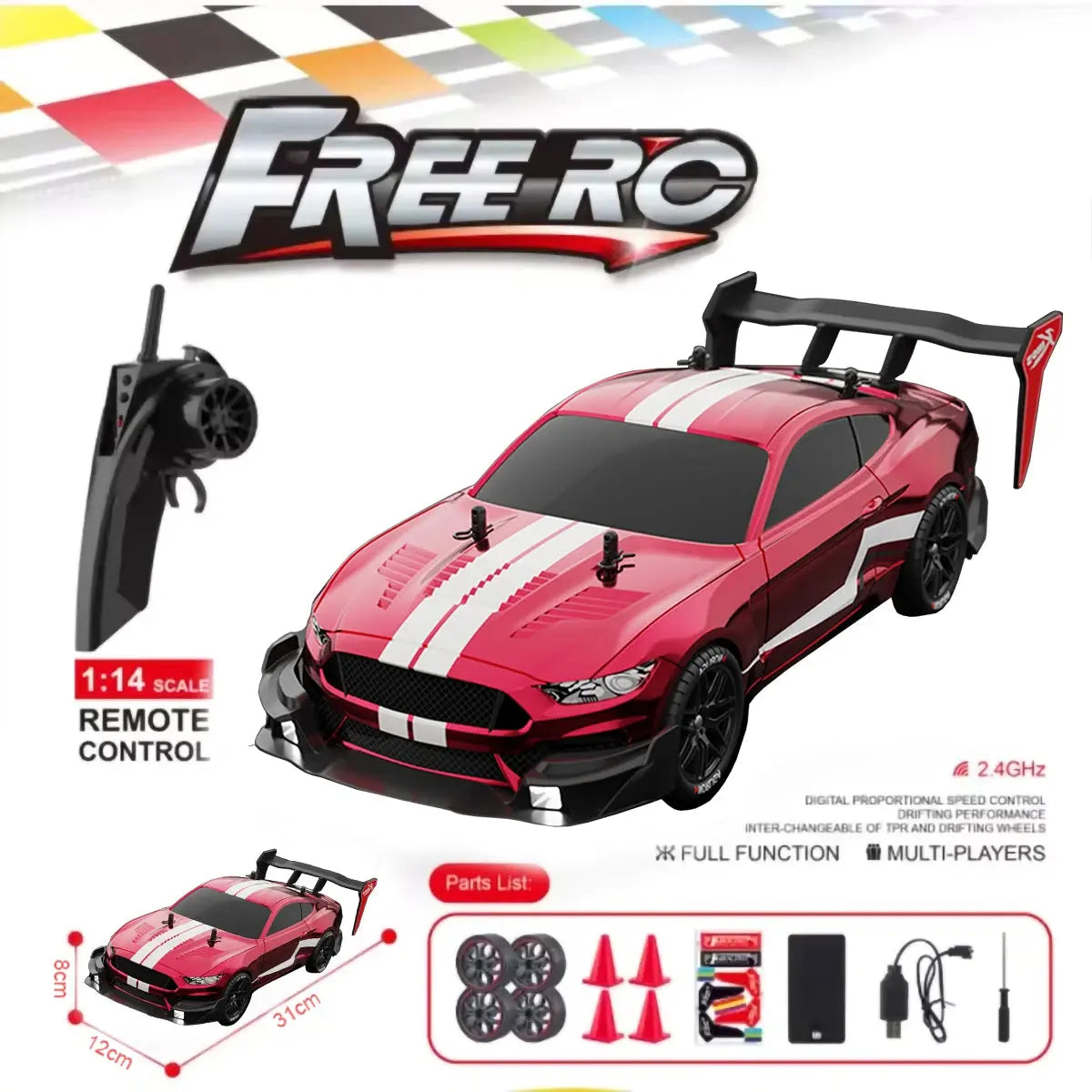 RTR MUSTANG 2.4G Drift Car 1:14 4WD Electric Remote Control Cars High Speed Racing Car RC Racing Car Toys for Children Random Recon