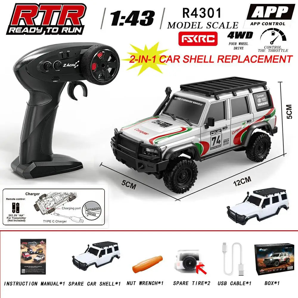 In Stock HuangBo 1:43 4WD RC Rock Crawler Car for Kids, Full Proportional Off-Road, Dual Shells, Shock Absorber Model