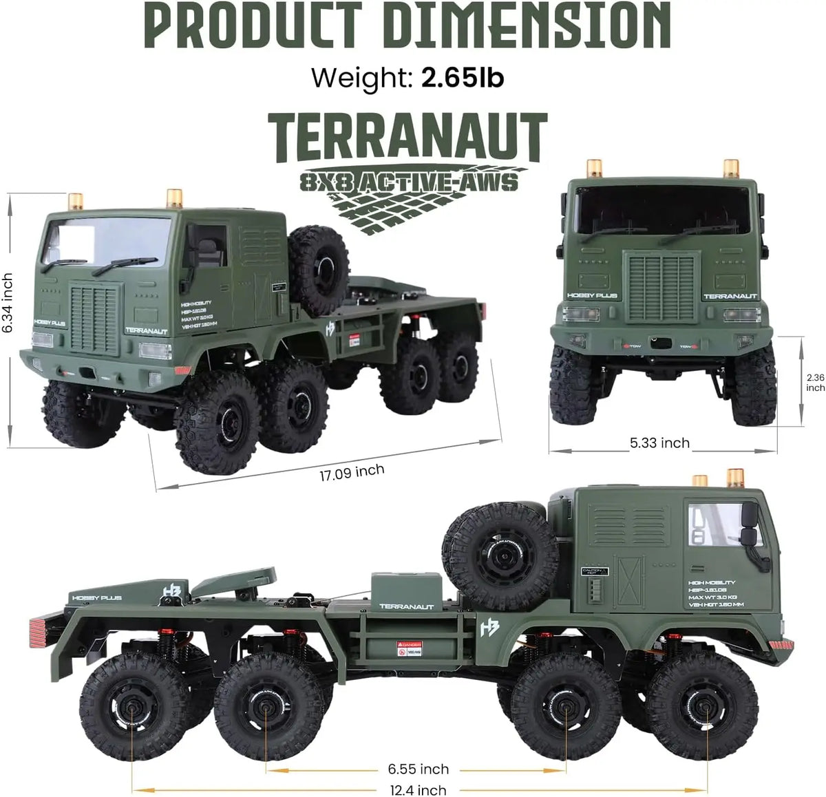 1/18 RC Crawler 8x8 Remote Control Truck, RTR Full-Lock 8WD with Active All-Wheel Steering, 2-Speed Transmission, Recovery Winch, LED Lights, Green