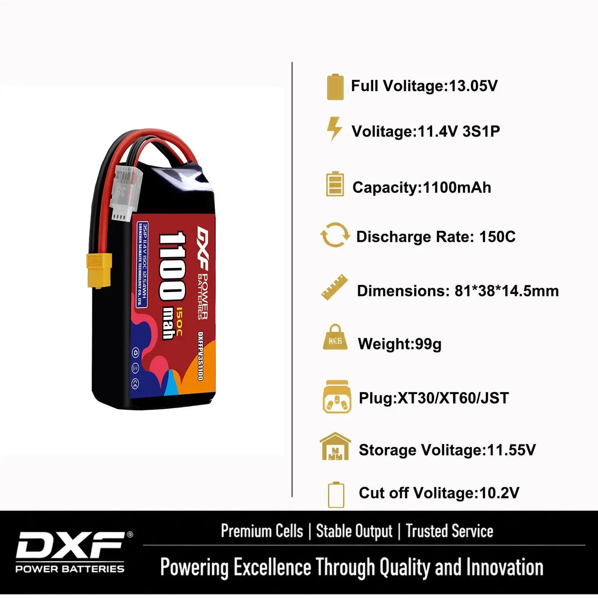 DXF 3S LiPo Battery 11.1V 150C - 650 to 1100mAh, XT30 / XT60 / JST Random Recon