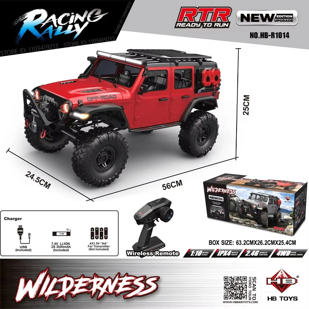 New Upgrade HB-R1011 Jeep Rubicon Recon Rc Car 1:10 Full Scale Model Climbing Car High Speed Off-Road Vehicle Brushless Version