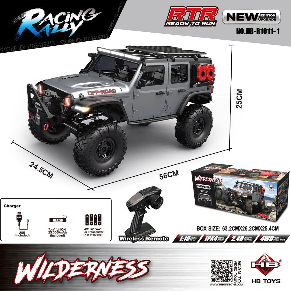 New Upgrade HB-R1011 Jeep Rubicon Recon Rc Car 1:10 Full Scale Model Climbing Car High Speed Off-Road Vehicle Brushless Version