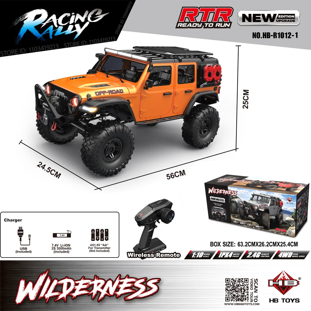 New Upgrade HB-R1011 Jeep Rubicon Recon Rc Car 1:10 Full Scale Model Climbing Car High Speed Off-Road Vehicle Brushless Version
