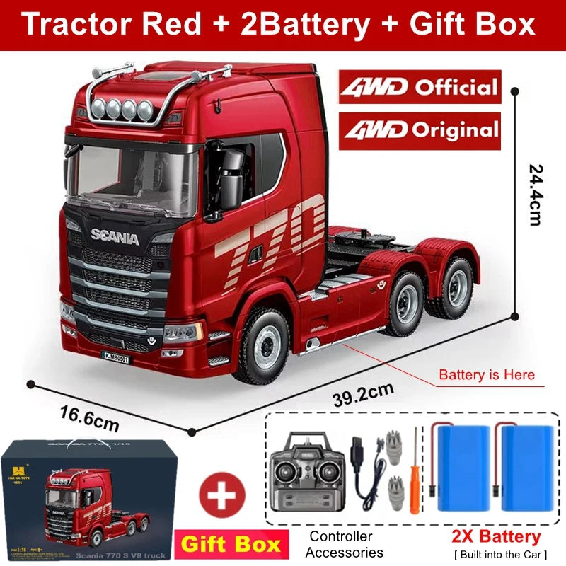 RC Semi Trailer Truck 1:18 with Sound and Lights Remote Control Flatbed Tractor Engineering Car 770S Model Toy HUINA 1501
