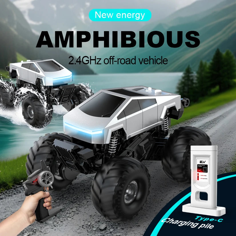 2.4GHz Remote Control Amphibious Off-Road Vehicle 360° Rotation Big Wheel RC Car High Capacity Battery Waterproof Toy for Kids