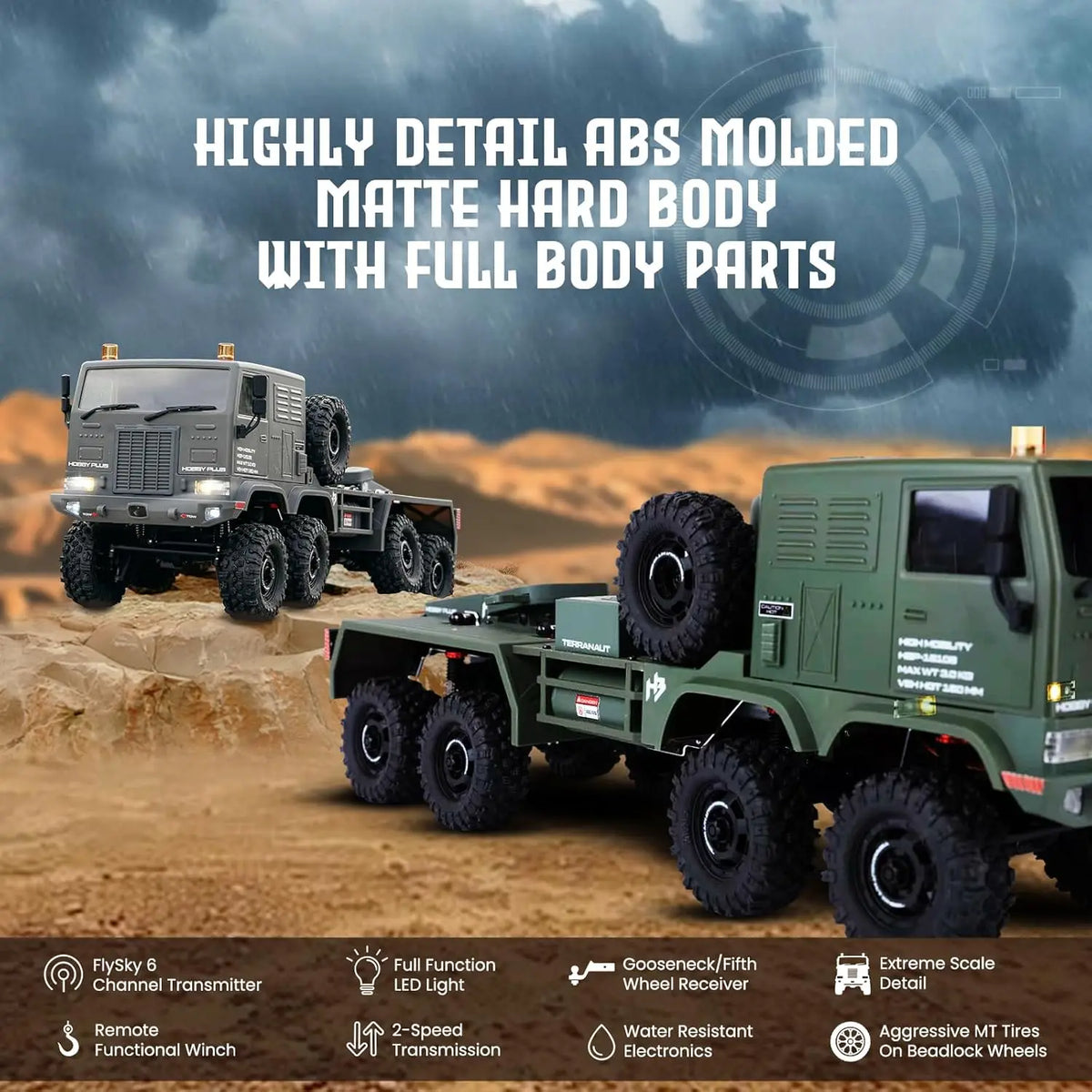 1/18 RC Crawler 8x8 Remote Control Truck, RTR Full-Lock 8WD with Active All-Wheel Steering, 2-Speed Transmission, Recovery Winch, LED Lights, Green