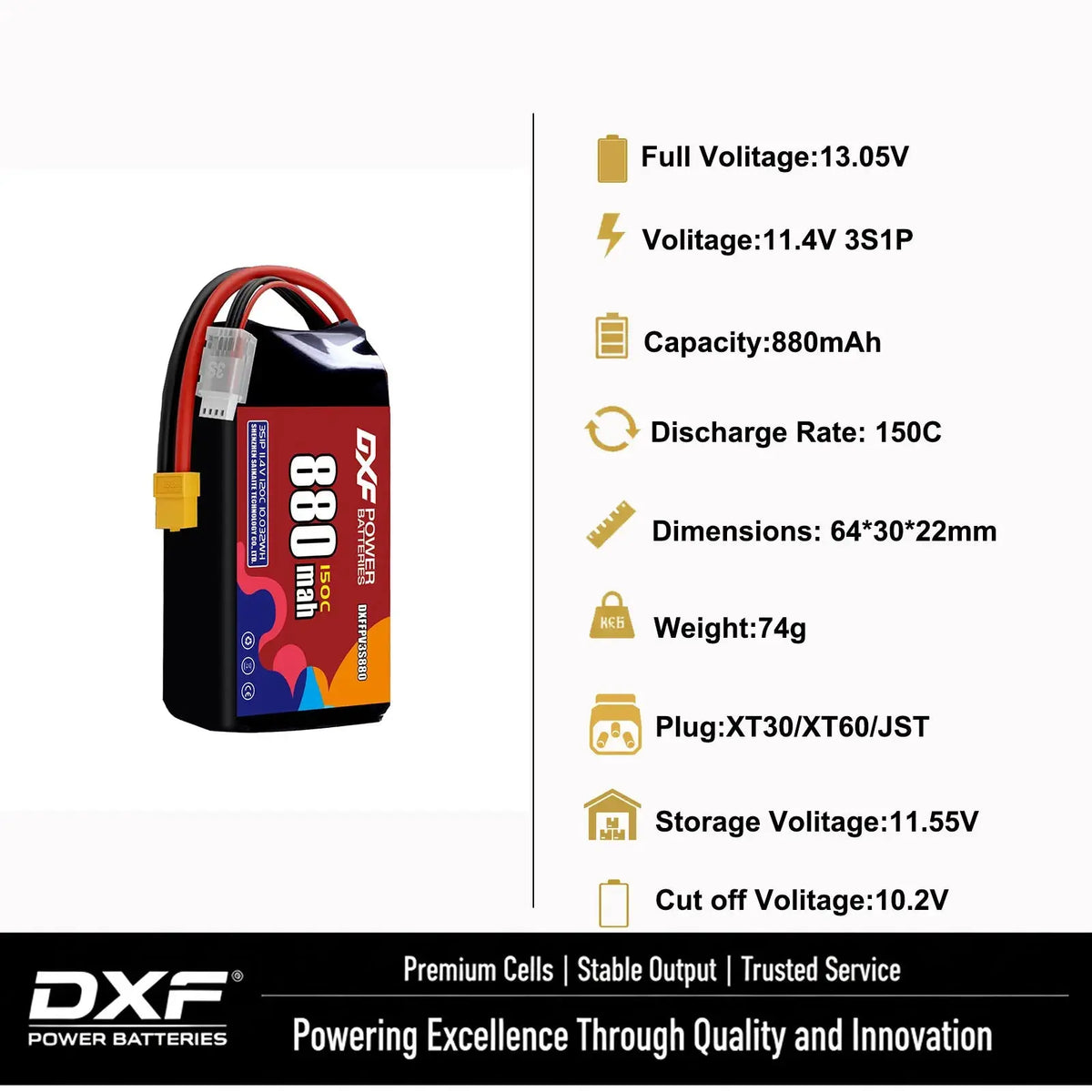 DXF 3S LiPo Battery 11.1V 150C - 650 to 1100mAh, XT30 / XT60 / JST Random Recon
