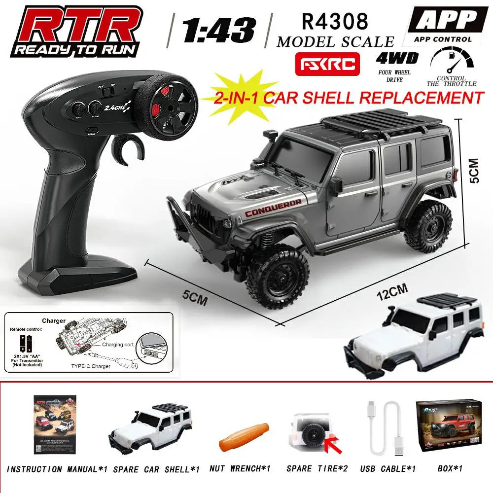 In Stock HuangBo 1:43 4WD RC Rock Crawler Car for Kids, Full Proportional Off-Road, Dual Shells, Shock Absorber Model