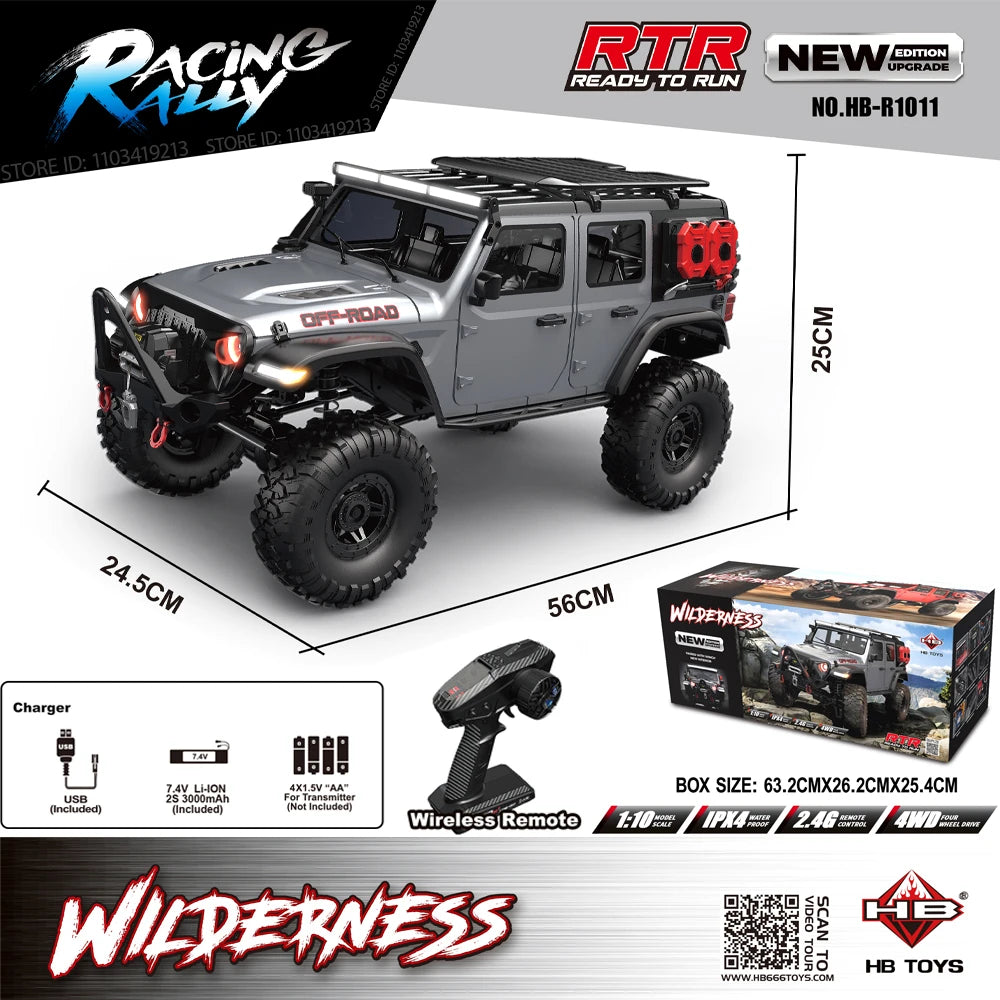 New Upgrade HB-R1011 Jeep Rubicon Recon Rc Car 1:10 Full Scale Model Climbing Car High Speed Off-Road Vehicle Brushless Version