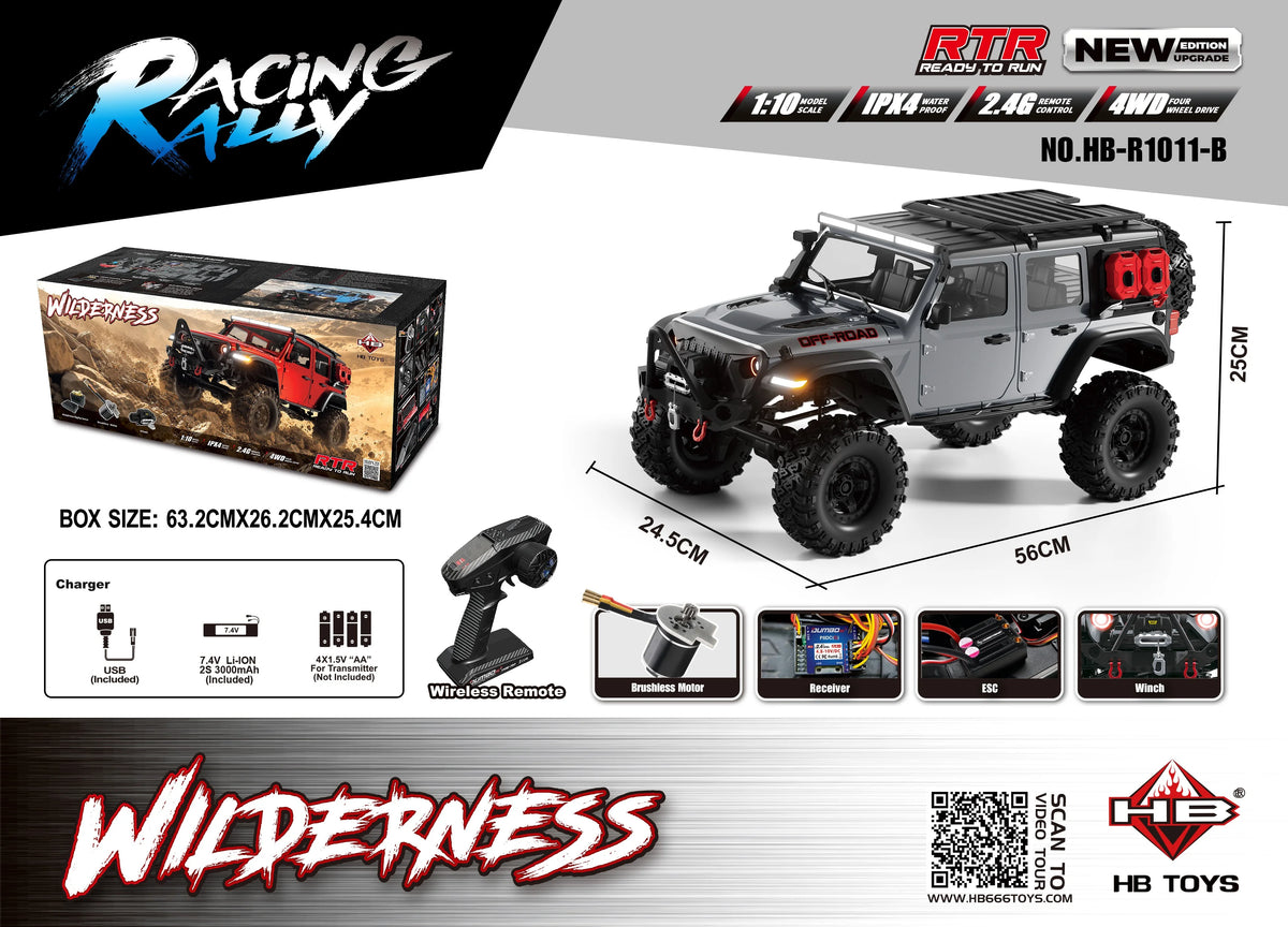 New Upgrade HB-R1011 Jeep Rubicon Recon Rc Car 1:10 Full Scale Model Climbing Car High Speed Off-Road Vehicle Brushless Version