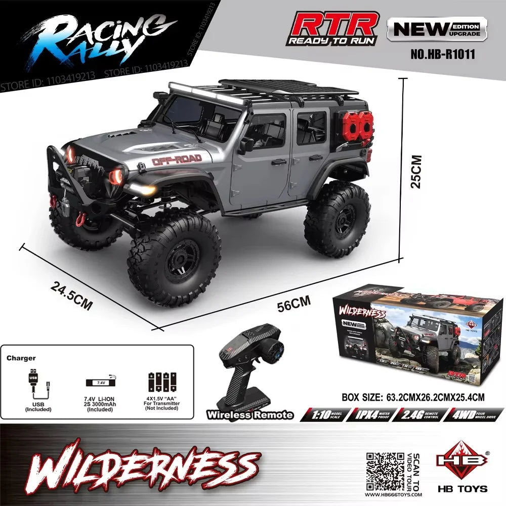 New Upgrade HB-R1011 Jeep Rubicon Recon Rc Car 1:10 Full Scale Model Climbing Car High Speed Off-Road Vehicle Brushless Version