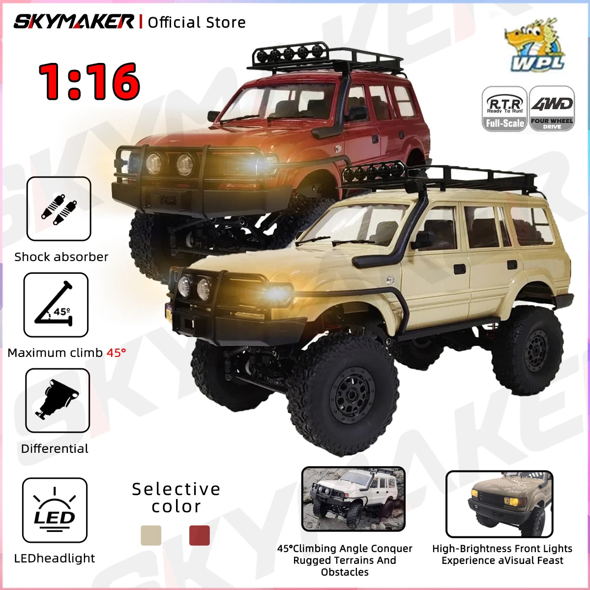 WPL C54 C54-1 1/16 RC Car LC80 Model 2.4G 4WD Off Road Remote Control LED Climbing RC Truck Electric Toy Car Gift for Boy