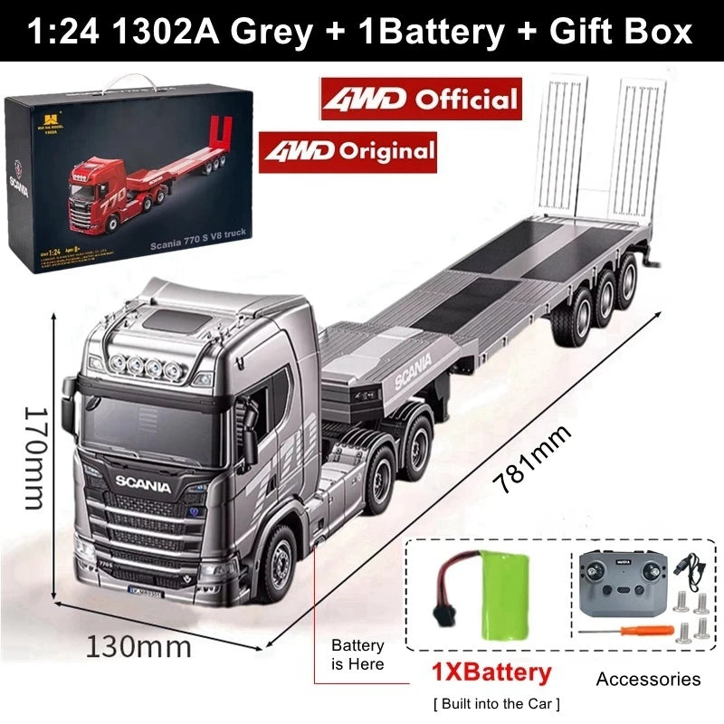 RC Semi Trailer Truck 1:18 with Sound and Lights Remote Control Flatbed Tractor Engineering Car 770S Model Toy HUINA 1501